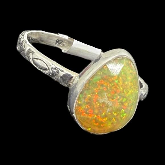 Rose Cut Pear Ethiopian Opal Ring 925 Sterling Silver Size 9 Carved Band - Picture 7 of 7